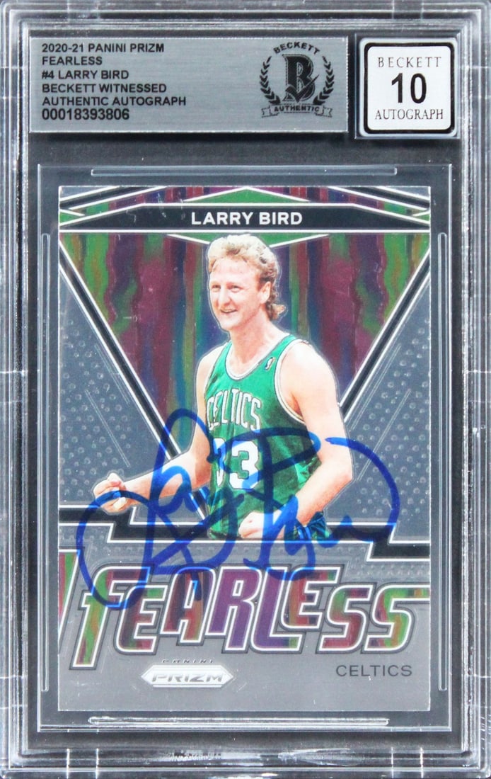 Larry Bird Signed 2020 Panini Prizm Fearless #4 Auto 10 BAS Slab: Larry Bird Signed 2020 Panini Prizm Fearless #4 Auto 10 BAS Slab This 2020 Panini Prizm Fearless #4 card features a stunning autograph from basketball legend Larry Bird, graded Gem Mint 10! This colle
