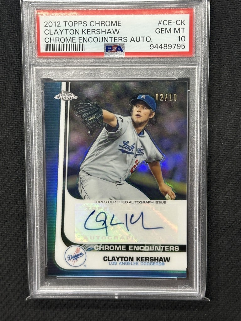 Clayton Kershaw 2012 Topps Chrome Blue Encounters Auto PSA 10 Pop 1: Clayton Kershaw 2012 Topps Chrome Blue Encounters Auto PSA 10 Pop 1 This is a 2012 Topps Chrome Blue Encounters Autographed Baseball Card featuring Clayton Kershaw. Graded a perfect PSA 10, this card