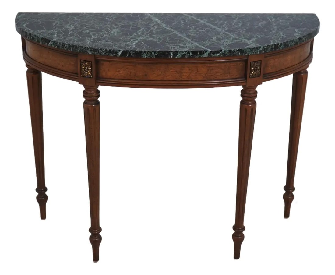 Louis XVI Style Console Table with Green Marble Top: Louis XVI Style Console Table with Green Marble Top This exquisite French Louis XVI style console table features a stunning green and black marble top, complemented by a quality construction of burl e