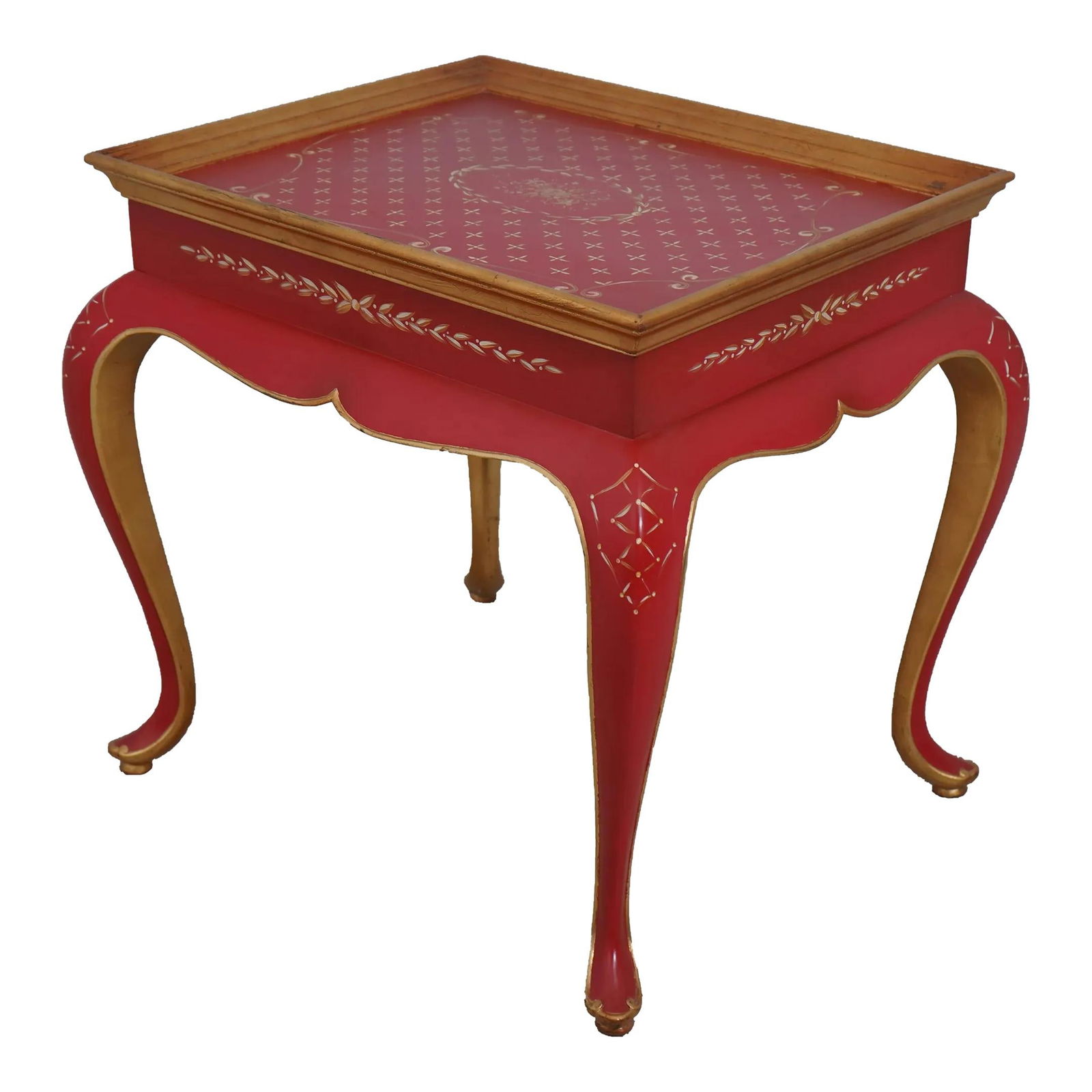 Ardley Hall Red Gold Painted French Tea Table with Queen Anne Legs: Ardley Hall Red Gold Painted French Tea Table with Queen Anne Legs This exquisite Ardley Hall French Tea Table showcases a stylish red and gold painted finish, embodying quality craftsmanship with its