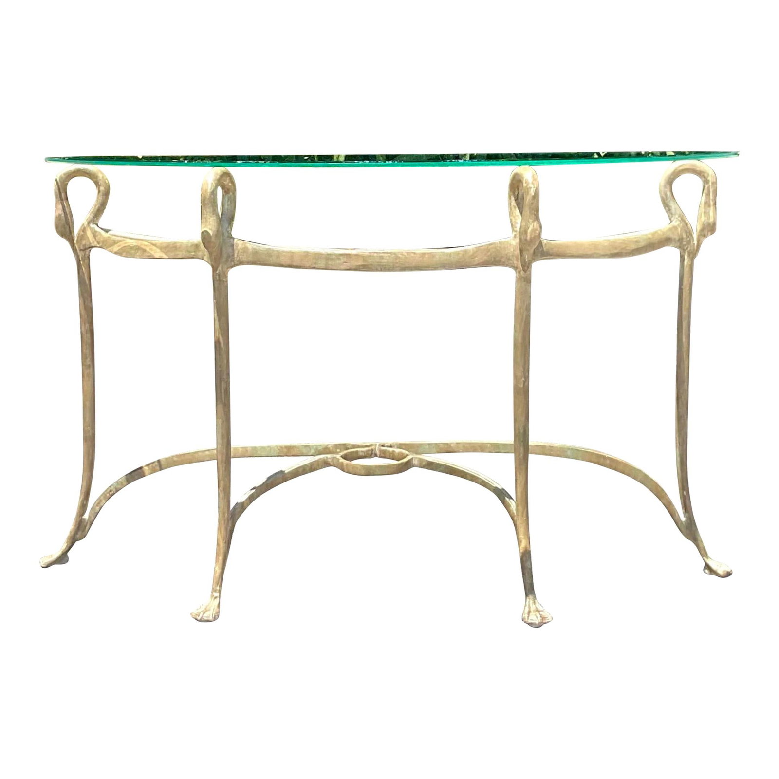 Vintage Regency Gilt Swan Console Table Sand Metal Glass 52.75" Width: Vintage Regency Gilt Swan Console Table Sand Metal Glass 52.75" Width Enhance your interior with the Vintage Regency Gilt Swan Console Table, a perfect fusion of classic elegance and American sophisti