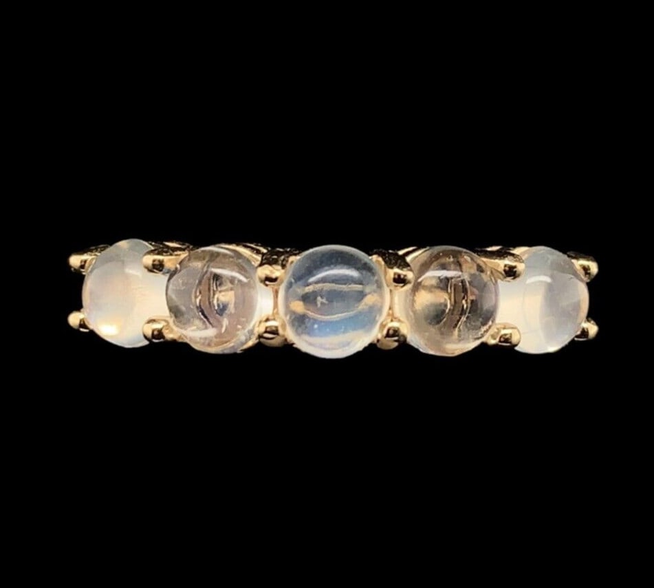 14k Yellow Gold Five-Stone Moonstone Band Ring Authentic GIA Size 6.75: 14k Yellow Gold Five-Stone Moonstone Band Ring Authentic GIA Size 6.75 This exquisite 14k yellow gold five-stone band ring showcases five genuine natural moonstone cabochons, each measuring approximat