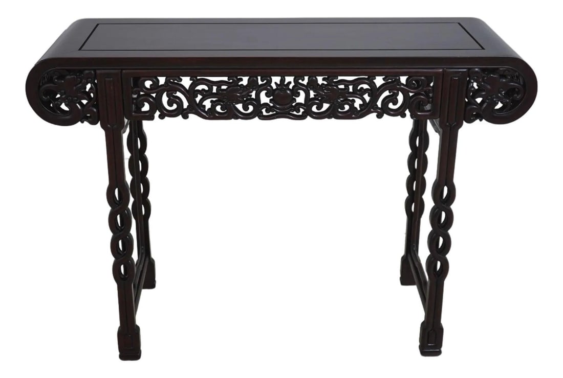 Vintage Chinese Rosewood Console Table with Carved Skirt 48x16.5x33.5: Vintage Chinese Rosewood Console Table with Carved Skirt 48x16.5x33.5 This exquisite Vintage Chinese Carved Rosewood Console Table showcases high-quality craftsmanship and intricate details, making it