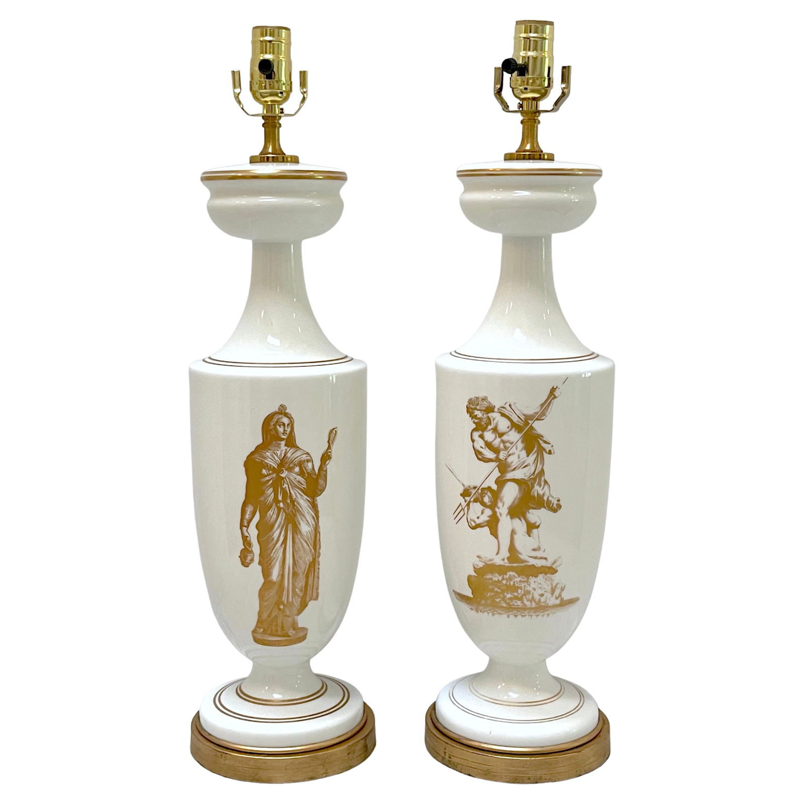 19th Century French Neoclassical Gilt Opaline Glass Lamps Set of 2 Venus Neptune: 19th Century French Neoclassical Gilt Opaline Glass Lamps Set of 2 Venus Neptune This stunning pair of 19th century French Neoclassical gilt opaline glass lamps, inspired by the Grand Tour aesthetic,