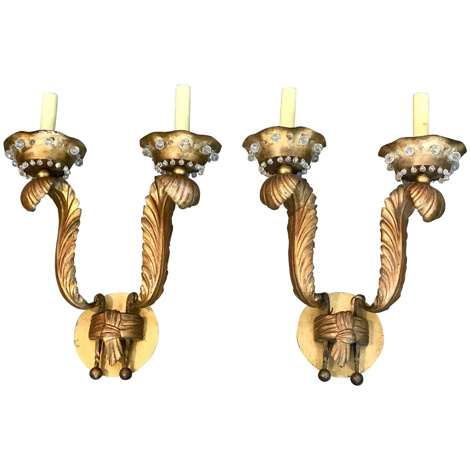 Maison Jansen Gilt Feather Wall Sconces Set of 2 Modern Crystal 1950s France: Maison Jansen Gilt Feather Wall Sconces Set of 2 Modern Crystal 1950s France This exquisite pair of wall sconces, attributed to Maison Jansen, features a stunning gilt feather motif that adds a touch
