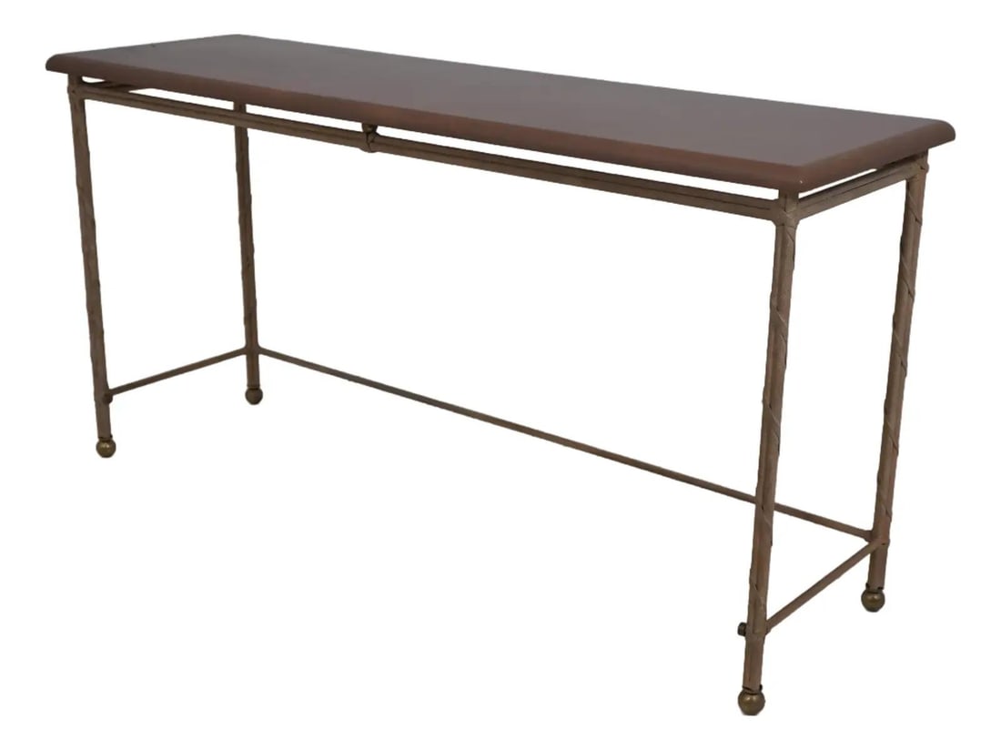 Traditional Leather Wrapped Metal Base Console Table 60 x 18 x 31: Traditional Leather Wrapped Metal Base Console Table 60 x 18 x 31 This elegant console table features a painted wood top and a durable leather-wrapped metal base, showcasing high-quality craftsmanship