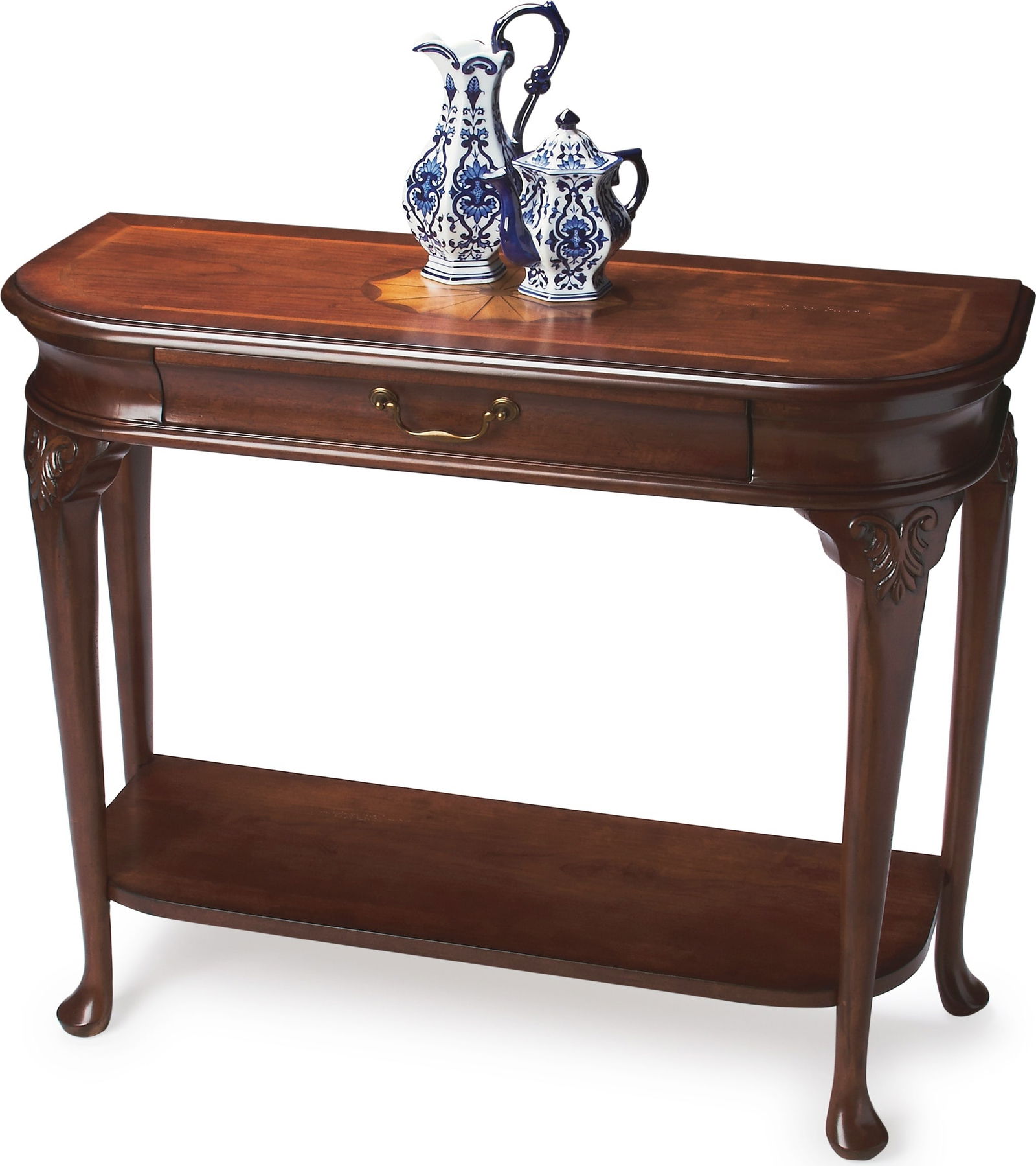 Elegant Ridgeland Console Table by Butler in Brown Cherry Finish: Elegant Ridgeland Console Table by Butler in Brown Cherry Finish Introducing the Elegant Ridgeland Console Table, a stunning piece that merges antique charm with modern functionality. This console tab