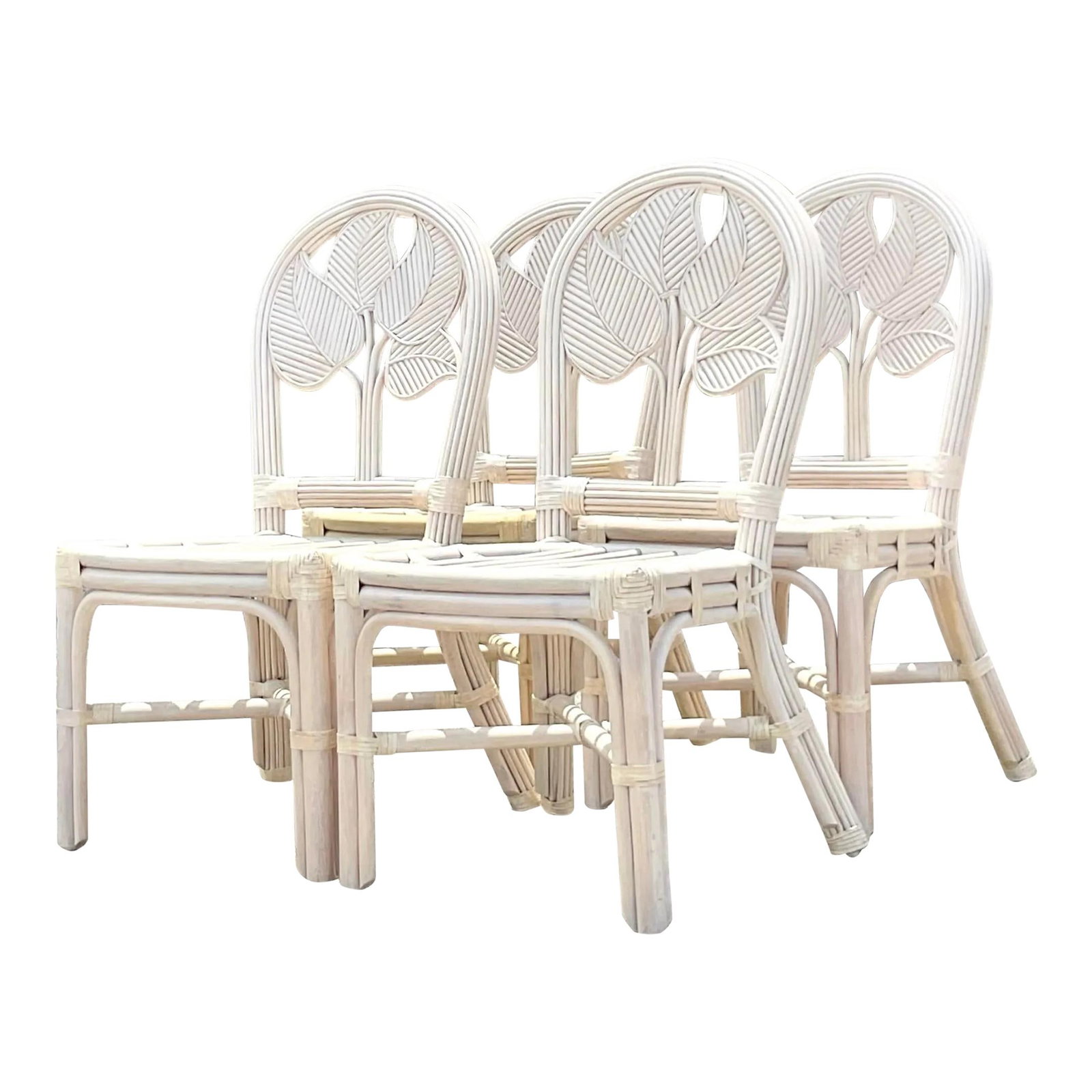 Set of 4 Vintage Coastal Washed Reed Leaf Dining Chairs: Set of 4 Vintage Coastal Washed Reed Leaf Dining Chairs Elevate your dining area with this exquisite set of four Vintage Coastal Washed Pencil Reed Leaf Dining Chairs. Crafted in an American style, th
