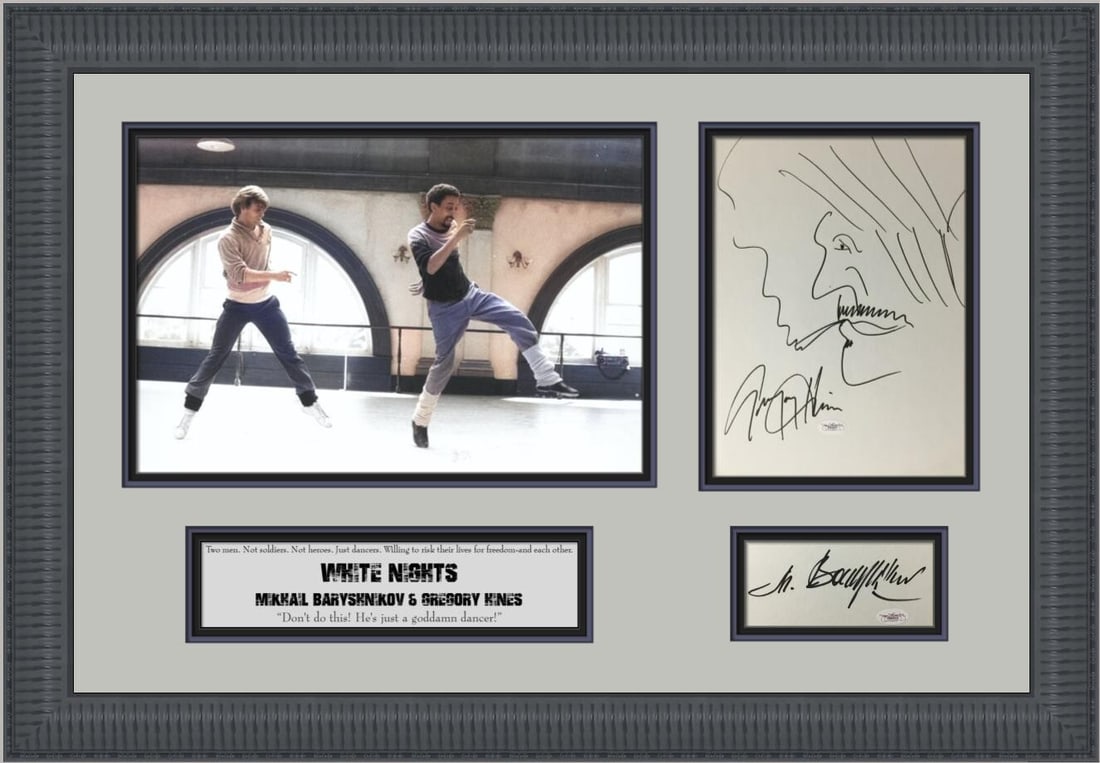 Mikhail Baryshnikov Gregory Hines Signed Art Display Custom Frame JSA COA: Mikhail Baryshnikov Gregory Hines Signed Art Display Custom Frame JSA COA This stunning custom framed display features self-portraits by renowned artists Mikhail Baryshnikov and Gregory Hines from the