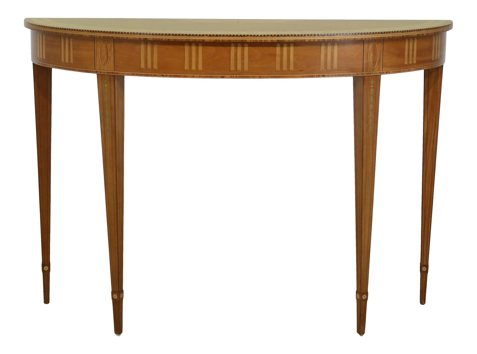 Kindel Irish Georgian Console Table Satinwood Olivewood Ebony Inlay: Kindel Irish Georgian Console Table Satinwood Olivewood Ebony Inlay This exquisite console table is part of the Irish Georgian Collection, crafted around 1999, showcasing high-quality construction and