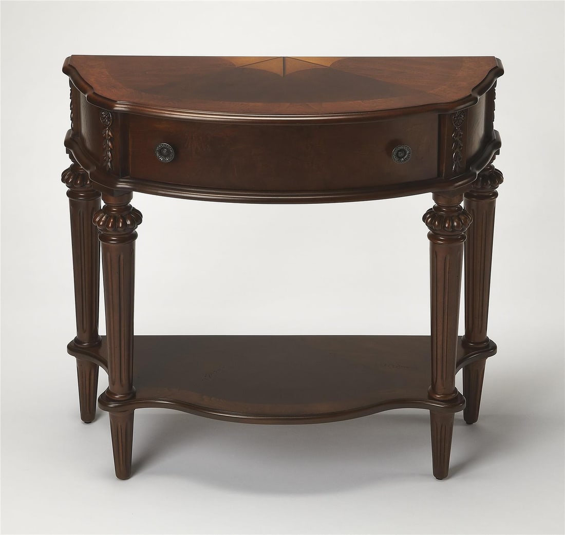 Butler Halifax Console Table Brown Cherry Demilune 32.75H 34W 15D: Butler Halifax Console Table Brown Cherry Demilune 32.75H 34W 15D Introducing the Traditional Halifax Console Table by Butler, a perfect blend of elegance and functionality for your home. This demilun