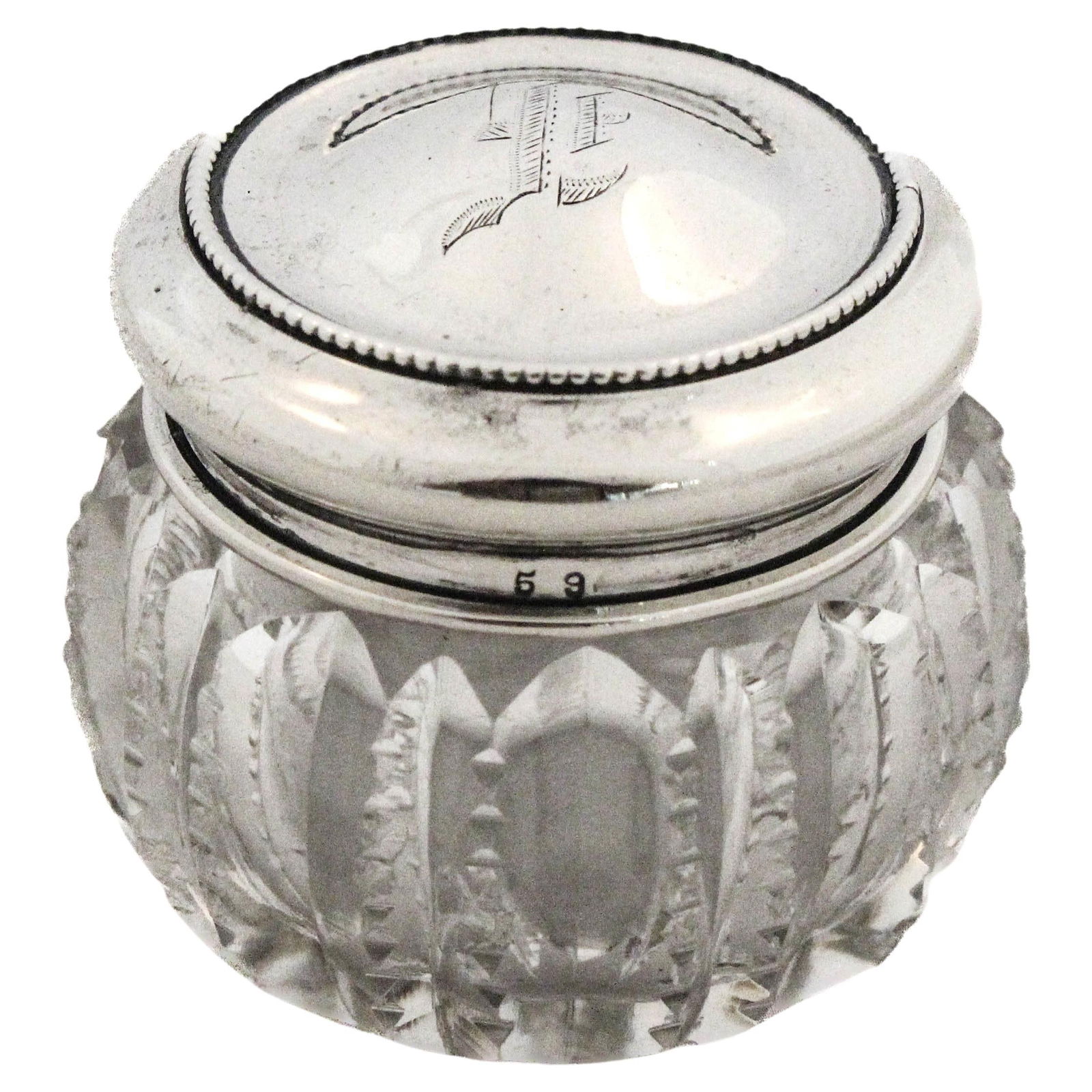 Antique Sterling Silver and Cut Crystal Vanity Jar by Wallace Silversmiths: Antique Sterling Silver and Cut Crystal Vanity Jar by Wallace Silversmiths This exquisite antique vanity jar showcases the elegance of late 19th-century American craftsmanship. Crafted from finely cut