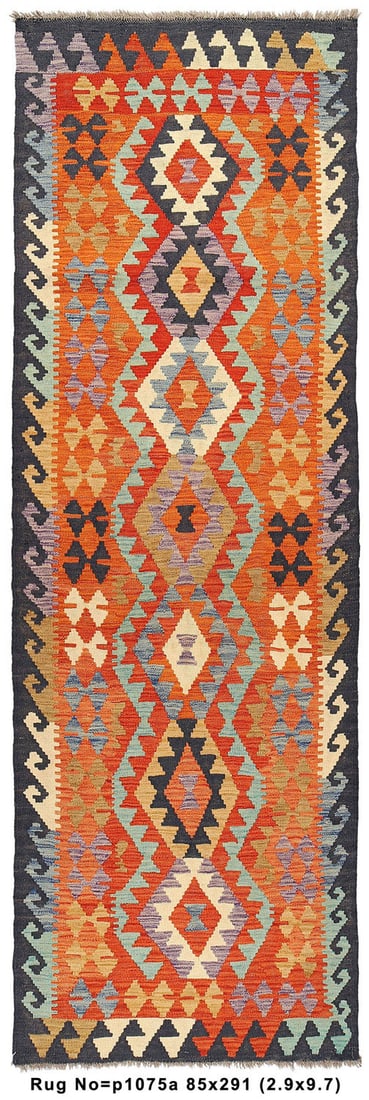 Handmade 2.9 x 9.7 Feet Kilim Runner Wool Eco-Friendly Tribal Design: Handmade 2.9 x 9.7 Feet Kilim Runner Wool Eco-Friendly Tribal Design Introducing an exquisite 10-foot Kilim Runner, a true masterpiece of artisanal craftsmanship. Handwoven with care from natural wool