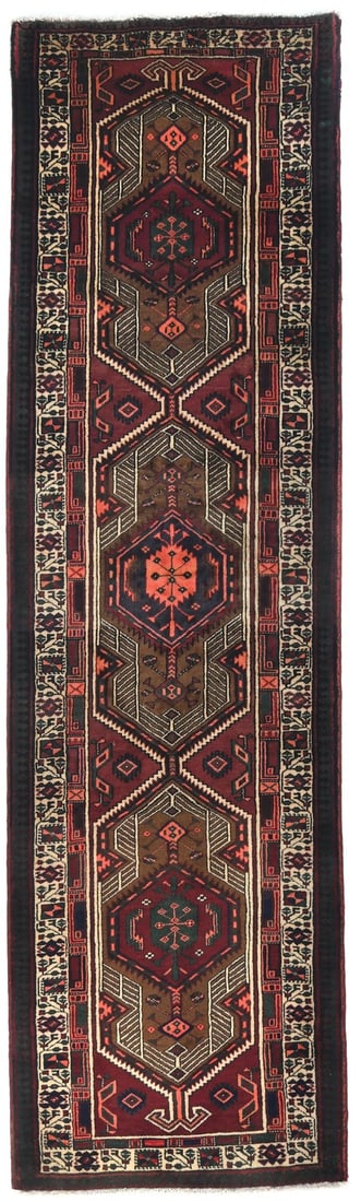 Tribal Vintage Hand-Knotted Wool Runner Rug 3'3 x 11'0: Tribal Vintage Hand-Knotted Wool Runner Rug 3'3 x 11'0 Enhance your space with this stunning Tribal Geometric Hand-Knotted Wool Oriental Runner Rug. Measuring 3'3" x 11'0", this exquisite runner featu