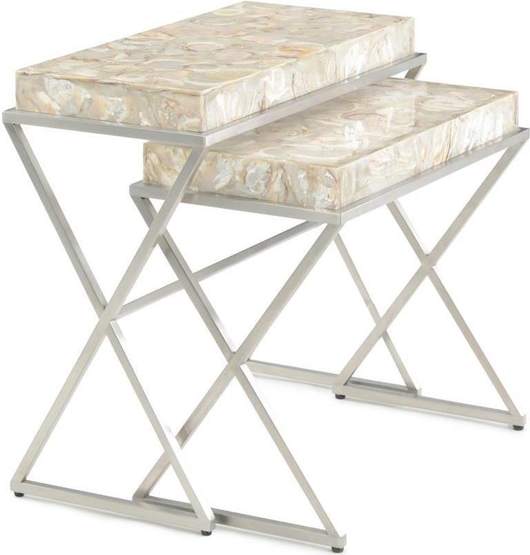 John-Richard Capiz Shell Nesting Side Tables Transitional Style: John-Richard Capiz Shell Nesting Side Tables Transitional Style Enhance your living space with these stylish Capiz Shell Nesting Side Tables, featuring a beautiful capiz shell top and a durable stainl