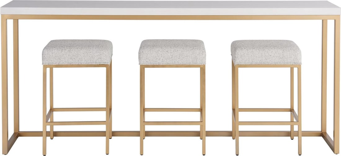 Universal Console Table Set with Gold Base and Stools: Universal Console Table Set with Gold Base and Stools Enhance your living space with this elegant Console Table Set featuring a striking gold base and accompanying stools. This stylish furniture piece