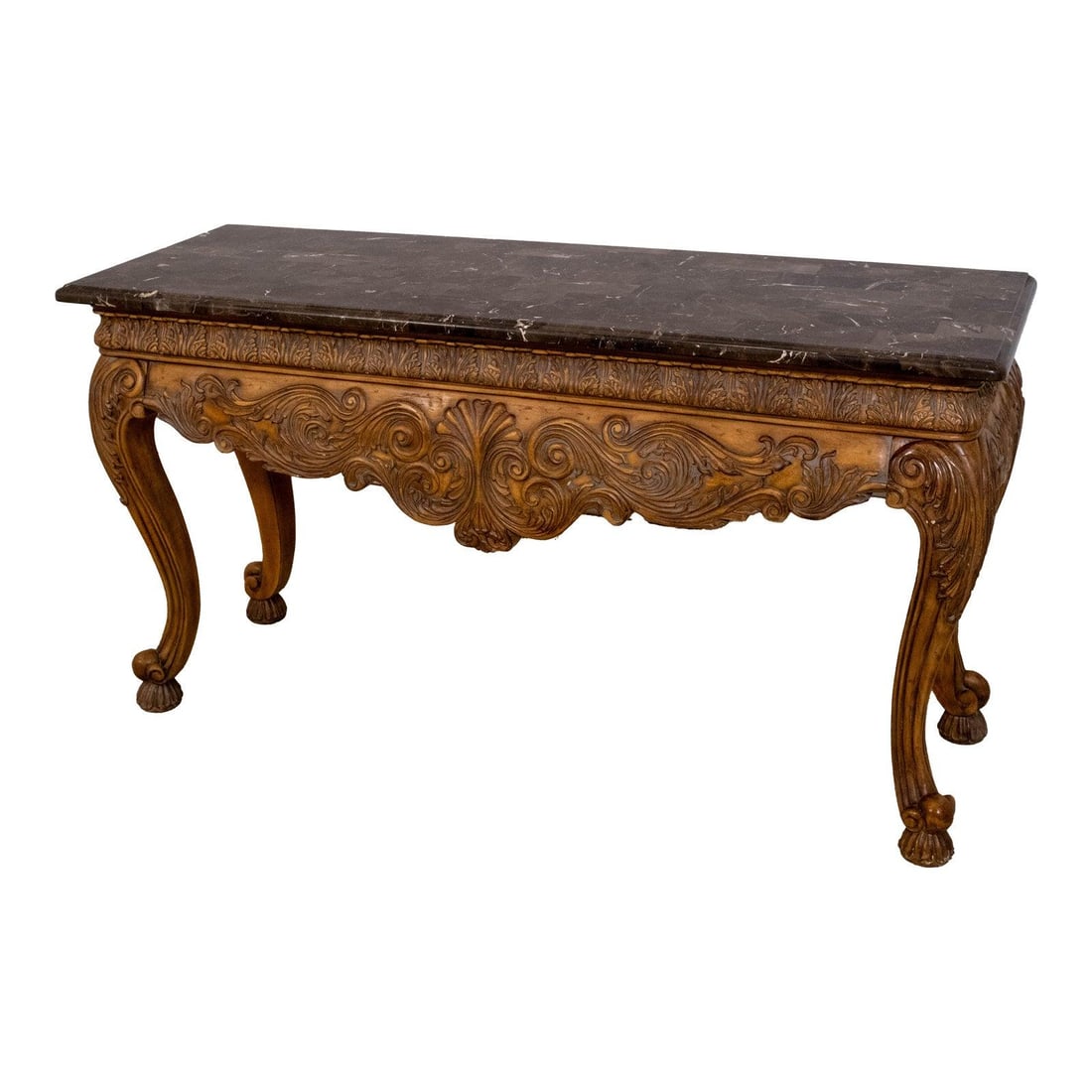 Ethan Allen Continental Console Table with Marble Top and Carved Base: Ethan Allen Continental Console Table with Marble Top and Carved Base This exquisite Ethan Allen Continental Style Console Hall Table features a stunning marble top complemented by an ornate carved ba