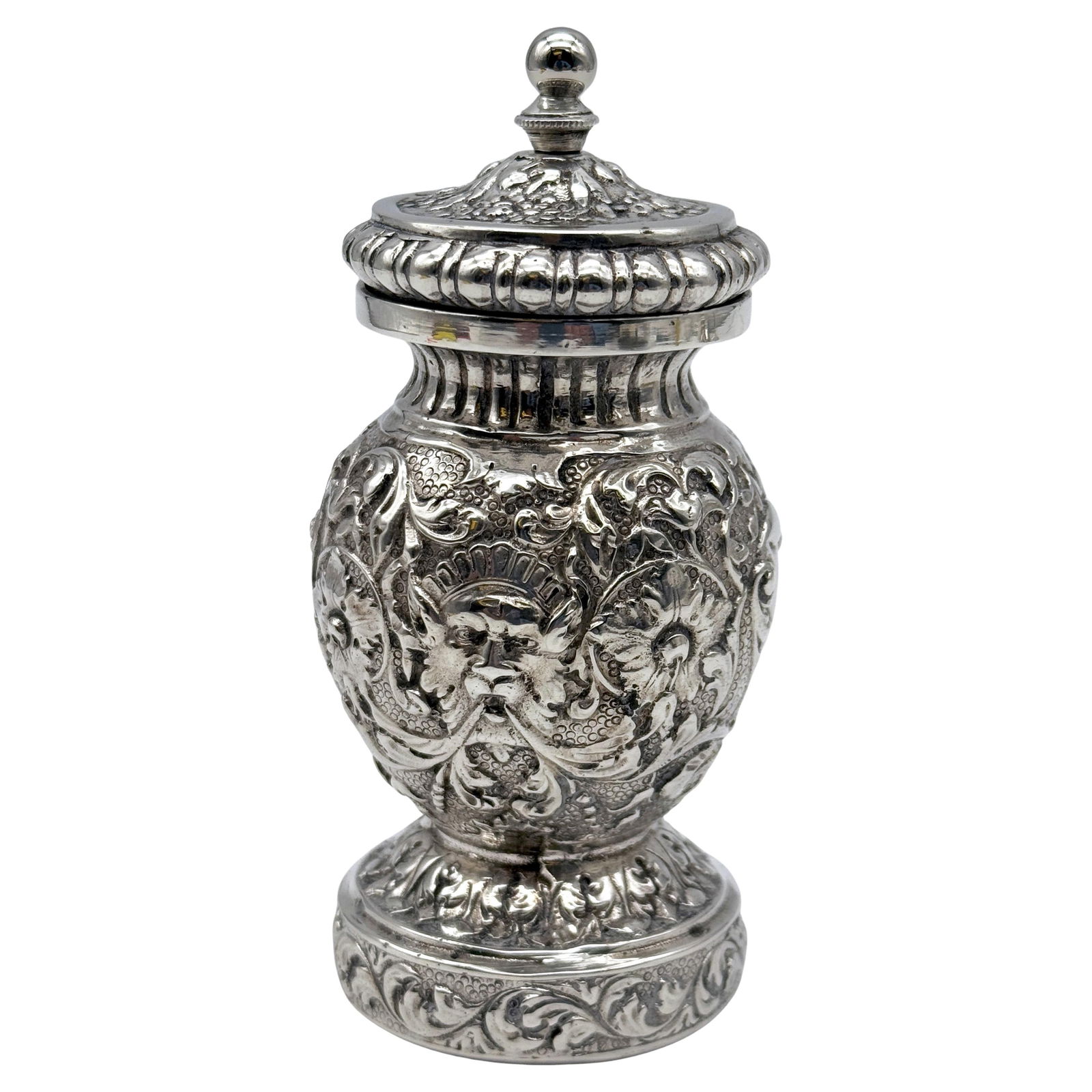 Antique French Silver Pepper Mill with Peugeot Mechanism Circa 1900: Antique French Silver Pepper Mill with Peugeot Mechanism Circa 1900 This exquisite French Renaissance Revival Silver Pepper Mill, crafted circa 1900, showcases the artistry of Belle Epoque design. Sta