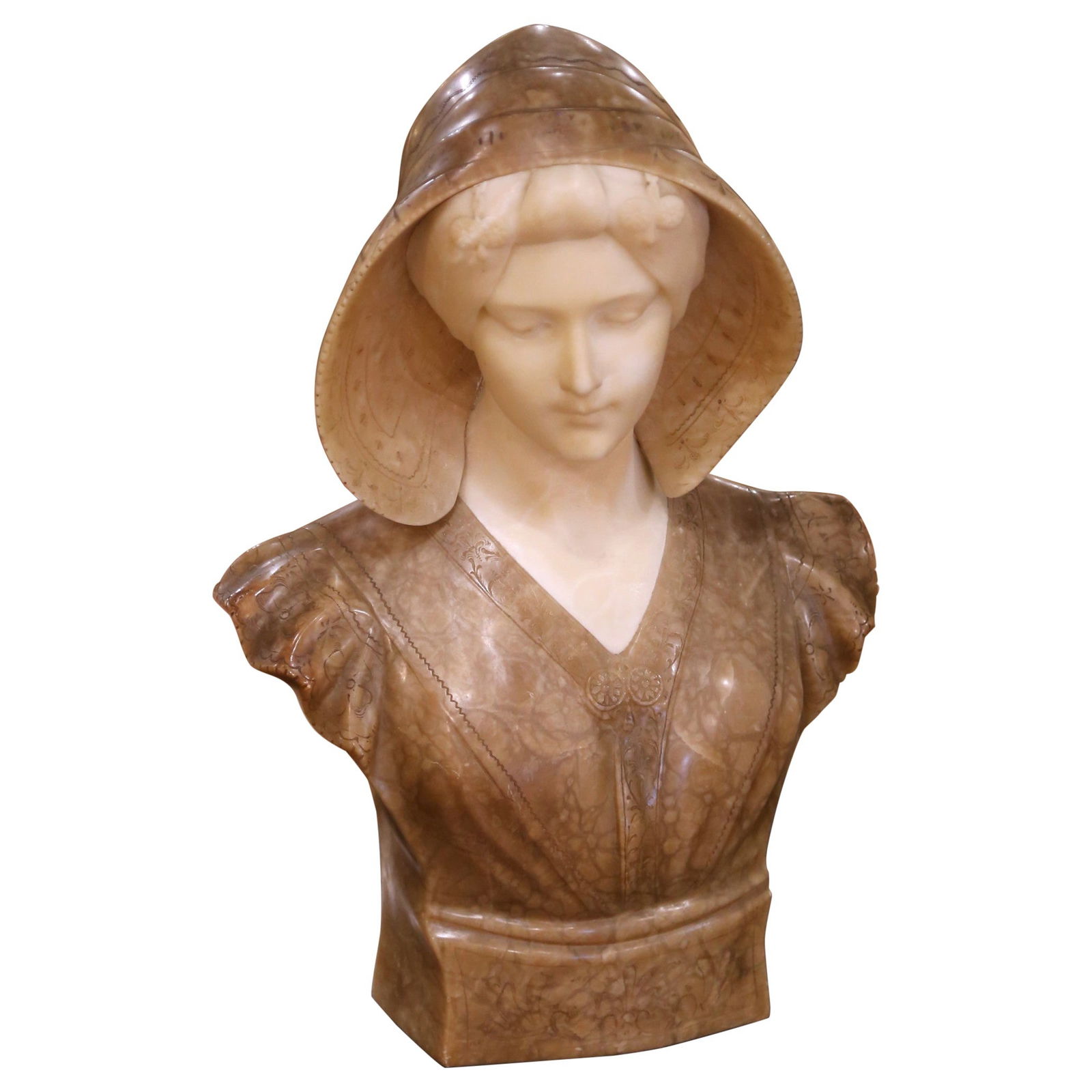 Signed Pugi Early 20th Century Italian Hand-Carved Marble Bust of Maiden: Signed Pugi Early 20th Century Italian Hand-Carved Marble Bust of Maiden This exquisite early 20th-century Italian marble bust, carved by the renowned artist Guglielmo Pugi, captures the serene beauty