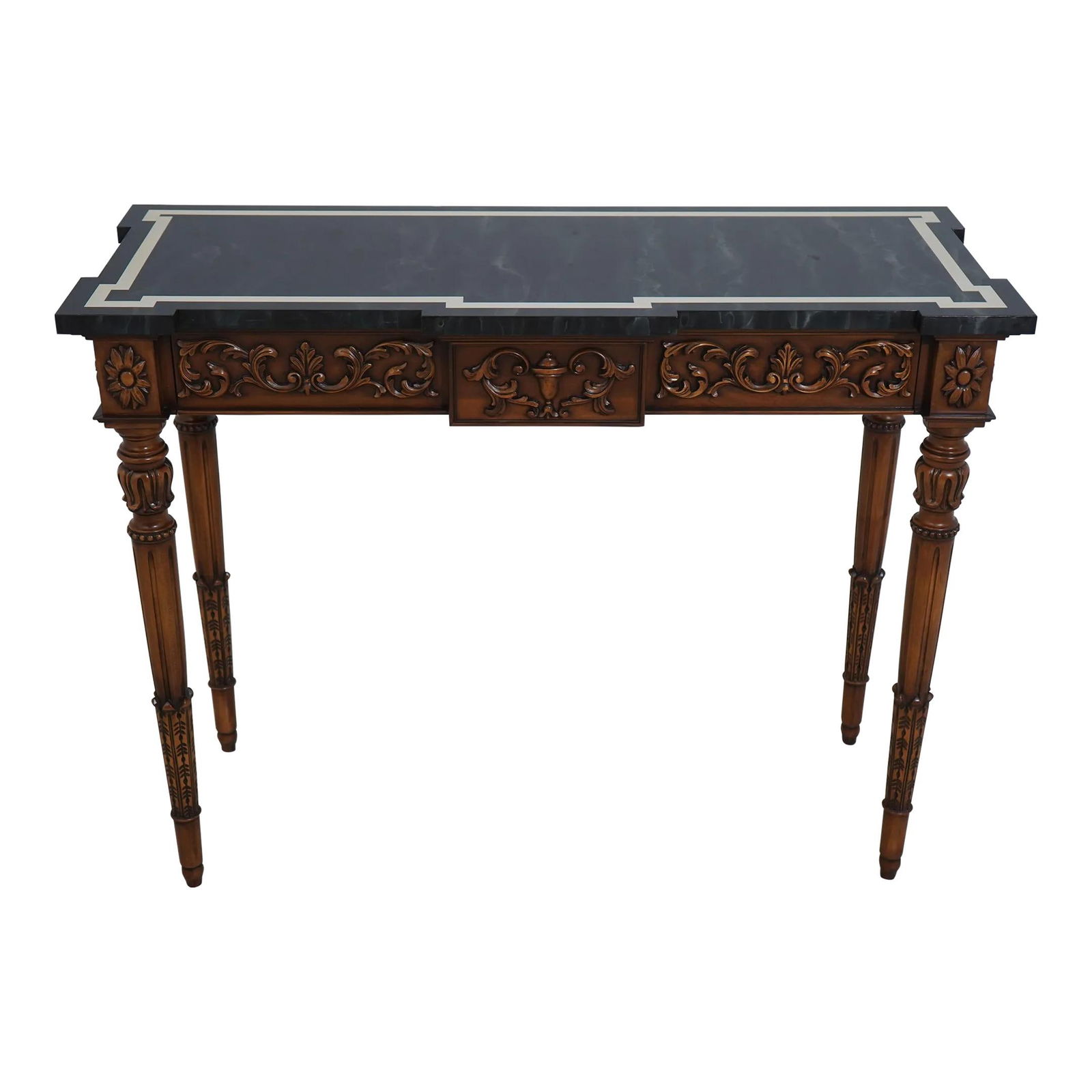 Karges Louis XVI Style Console Table Walnut Faux Marble Top: Karges Louis XVI Style Console Table Walnut Faux Marble Top This exquisite console table showcases a refined French Louis XVI style, featuring a rich walnut finish and high-quality construction. The t