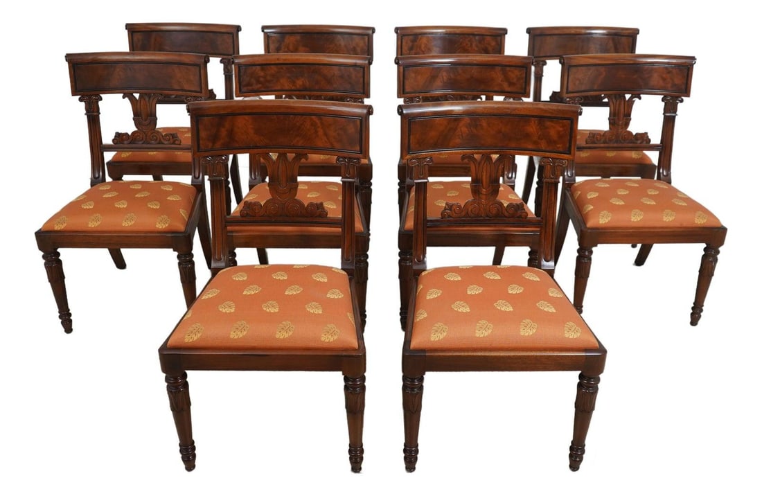 Set of 10 Millender Regency Mahogany Dining Chairs with Carved Details: Set of 10 Millender Regency Mahogany Dining Chairs with Carved Details Enhance your dining experience with this exquisite set of 10 Millender Empire Regency mahogany dining room chairs. Crafted with m