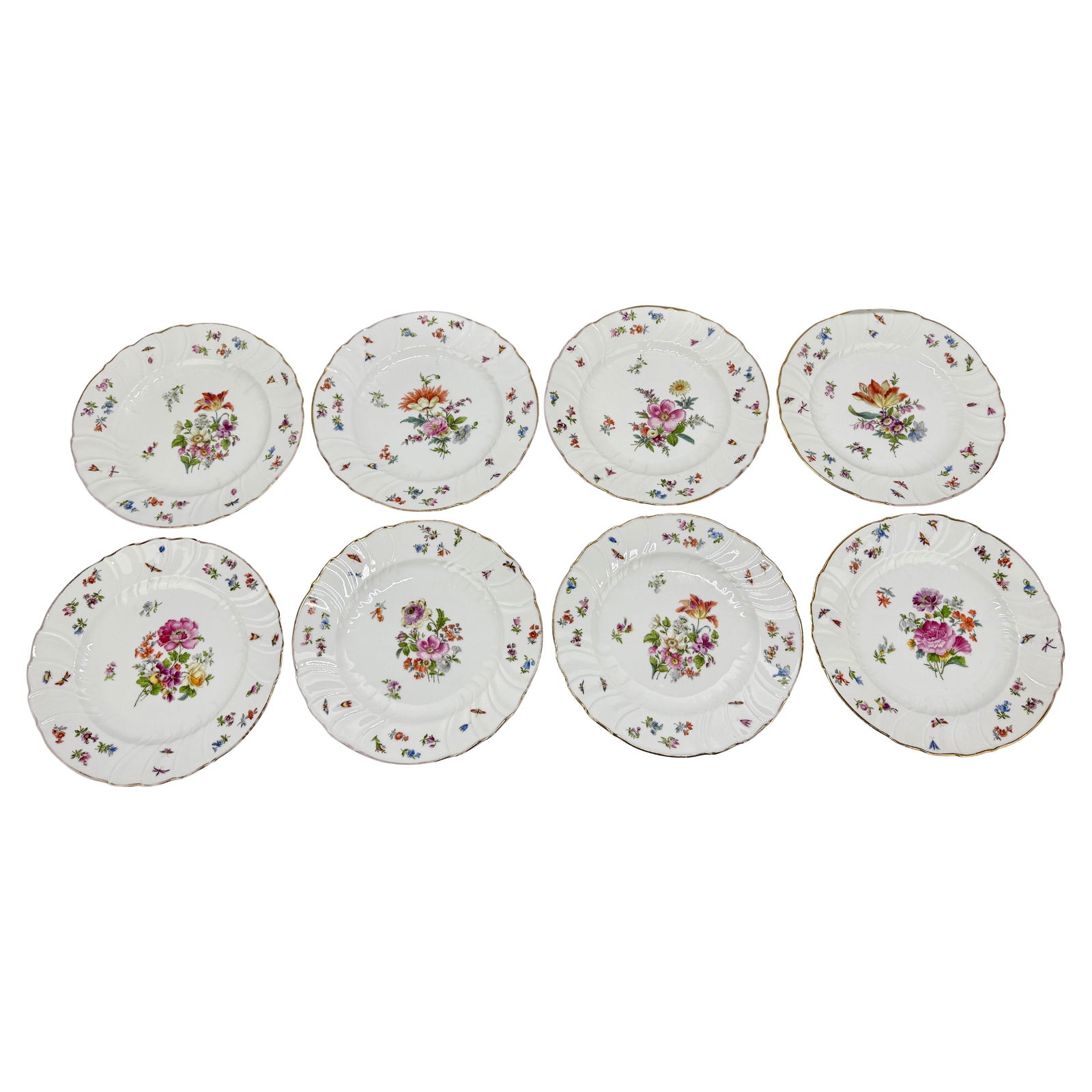 Set of 8 + 3 Antique Herend Style Porcelain Dinner Plates with Floral and Butterfly Motifs: Set of 8 + 3 Antique Herend Style Porcelain Dinner Plates with Floral and Butterfly Motifs This exquisite set of eight antique porcelain dinner plates, inspired by Herend designs from the 20th century