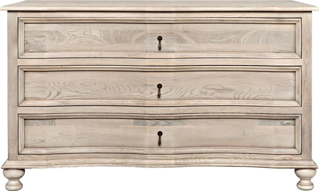 Noir Gray 3-Drawer Chest Curved Front Elm Veneer: Noir Gray 3-Drawer Chest Curved Front Elm Veneer This vintage-style three-drawer chest features a charming curved front design, perfect for adding character to any room. Crafted from high-quality elm