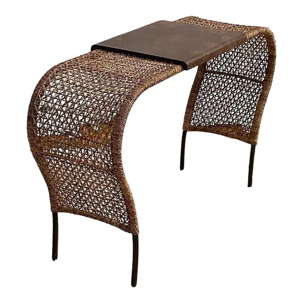 Vintage Coastal Rattan Console Table with Pen Shell Inlay: Vintage Coastal Rattan Console Table with Pen Shell Inlay Enhance your home decor with this exquisite vintage coastal console table, masterfully handcrafted from woven rattan and adorned with a stunni