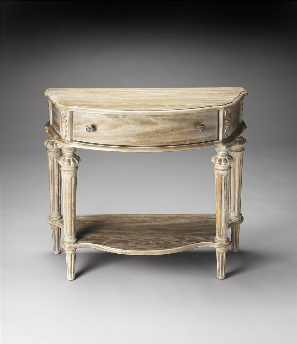 Butler Halifax Console Table in Beige Driftwood Demilune Style: Butler Halifax Console Table in Beige Driftwood Demilune Style Introducing the Traditional Halifax Console, an exquisite piece that combines functionality with classic elegance. This demilune-shaped c