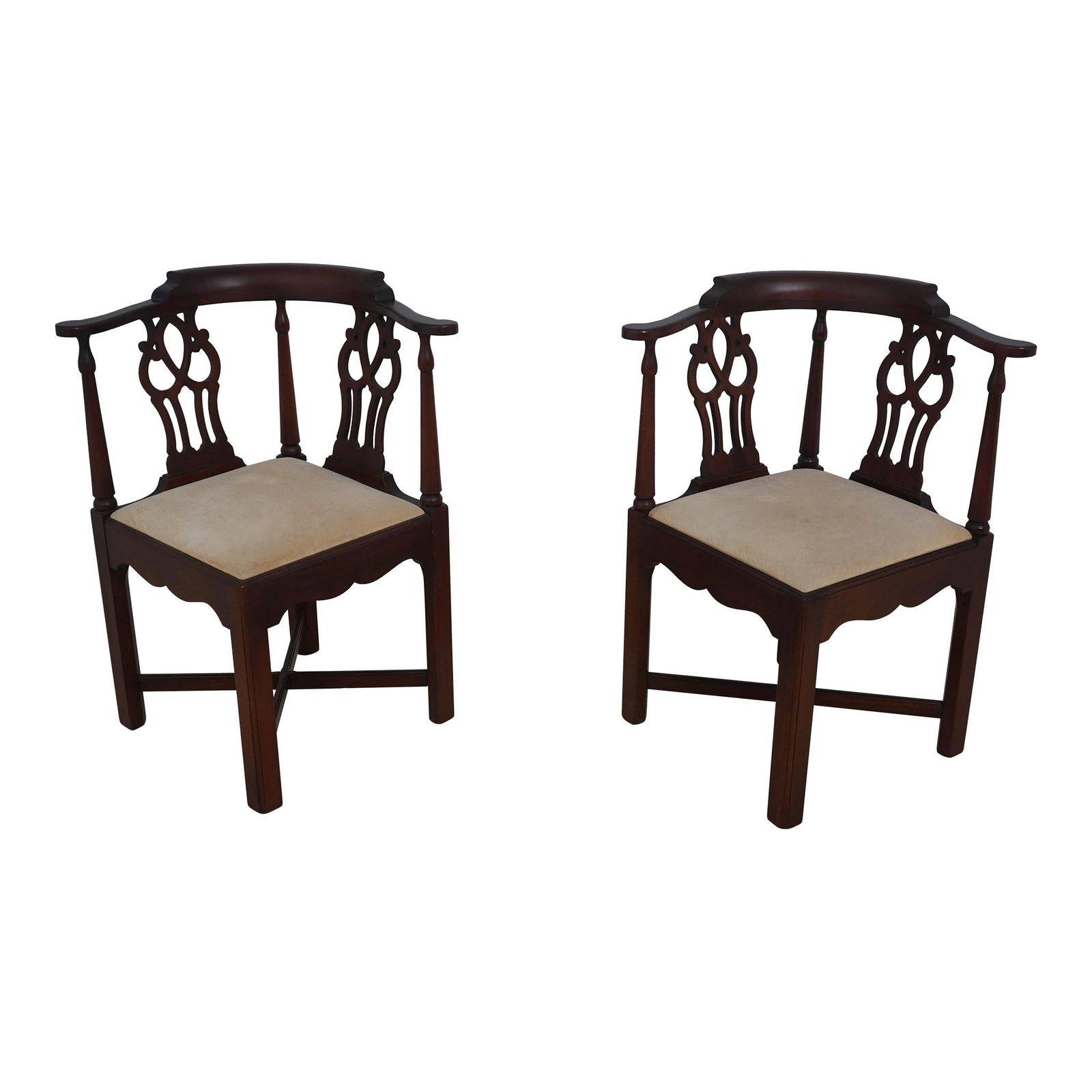 Elegant Matched Pair of Hickory Chair Chippendale Mahogany Corner Chairs: Elegant Matched Pair of Hickory Chair Chippendale Mahogany Corner Chairs This exquisite pair of Chippendale mahogany corner chairs showcases a classic 18th-century design, expertly crafted with qualit
