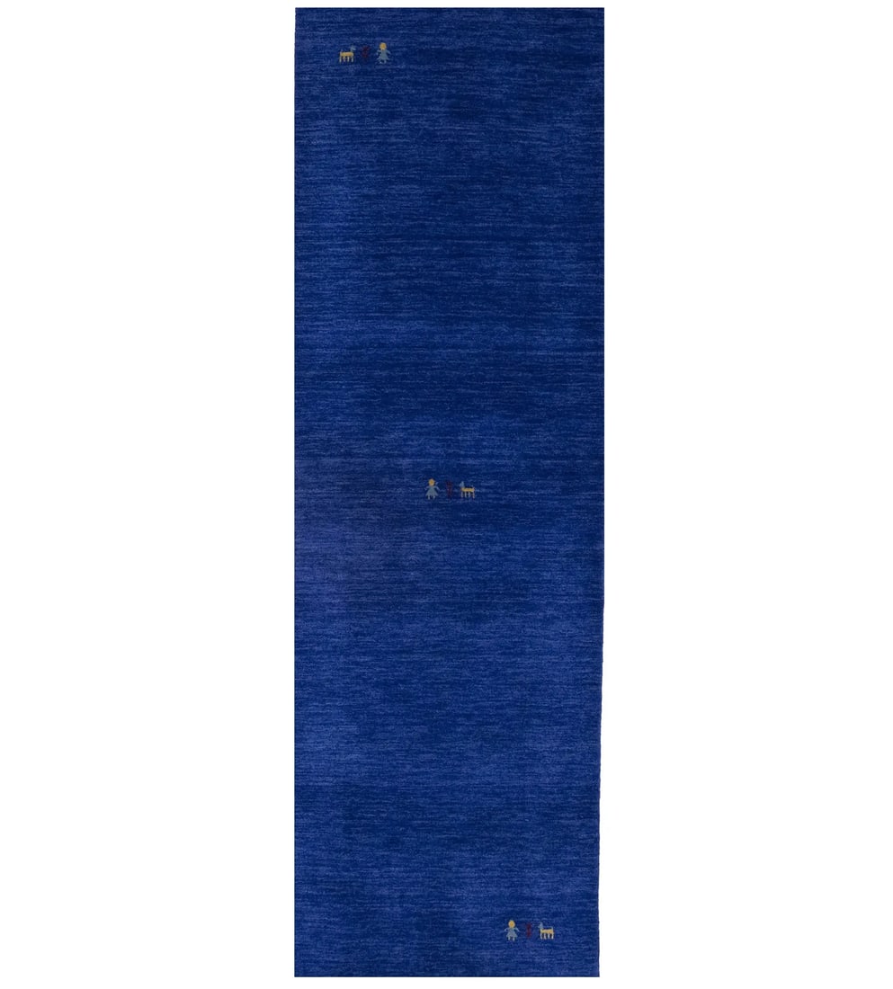 Royal Blue Gabbeh Runner Rug 3' x 8' Pictorial Modern Design: Royal Blue Gabbeh Runner Rug 3' x 8' Pictorial Modern Design Enhance your space with this stunning Royal Blue Gabbeh Modern Runner Rug. Measuring 3' x 8' (2'7" x 8'0"), this hand-loomed rug features a