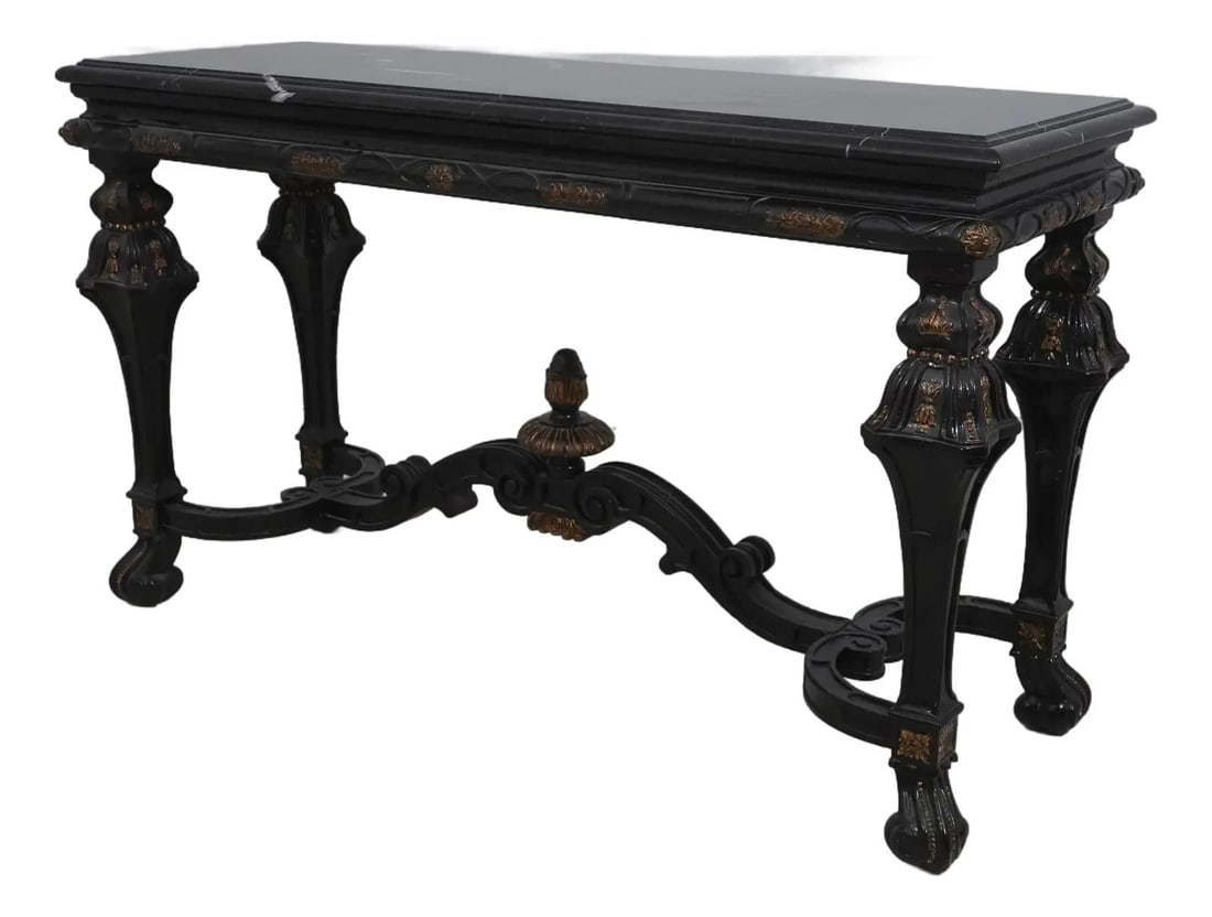 Marge Carson Black Marble Continental Console Table 62" Wide: Marge Carson Black Marble Continental Console Table 62" Wide Introducing a stunning Continental Console Table featuring a luxurious black marble top. This exquisite piece, approximately 20 years old,