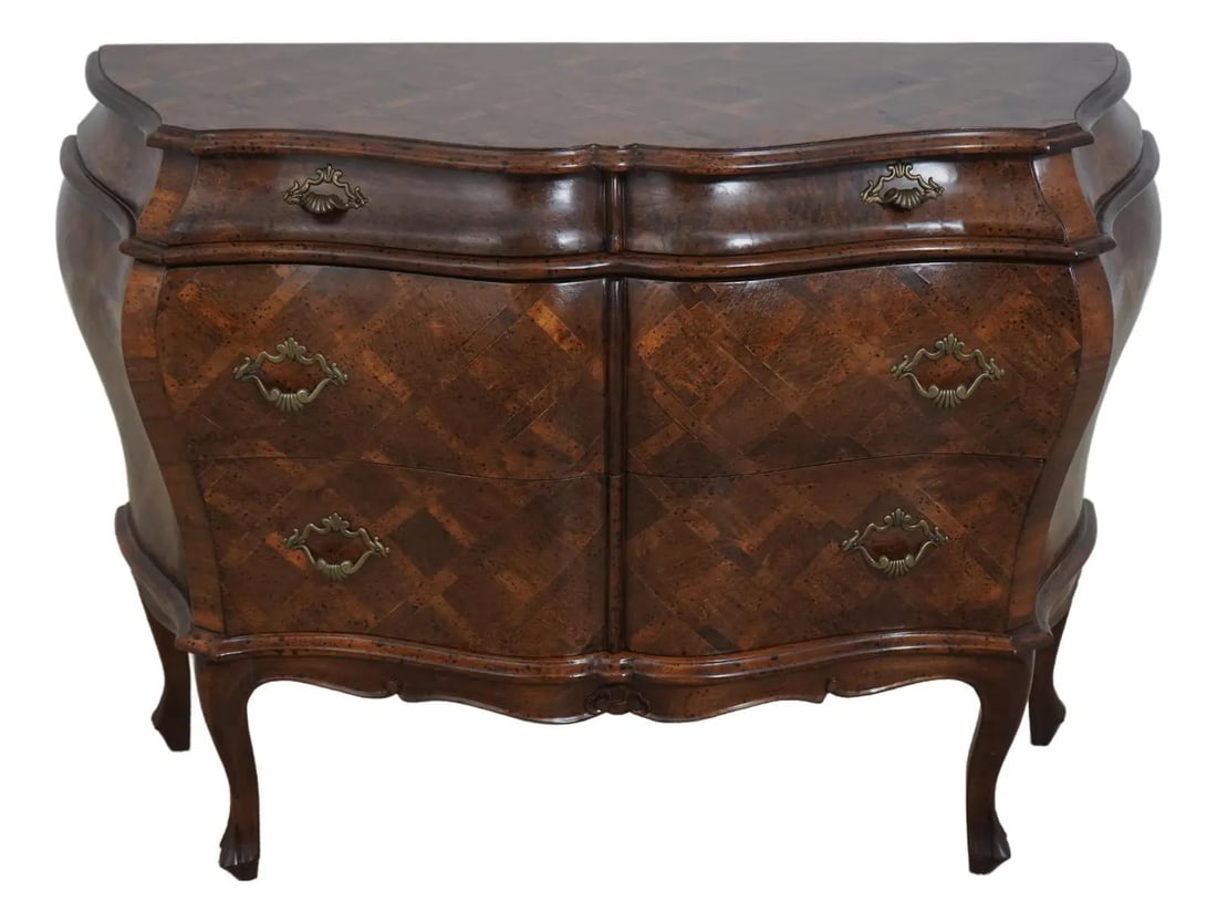 Stunning Italian Bombe 3 Drawer Commode Chest: Stunning Italian Bombe 3 Drawer Commode Chest This exquisite Italian Bombe 3 Drawer Commode Chest showcases a stunning factory distressed finish, accentuating its timeless elegance. With an age of app