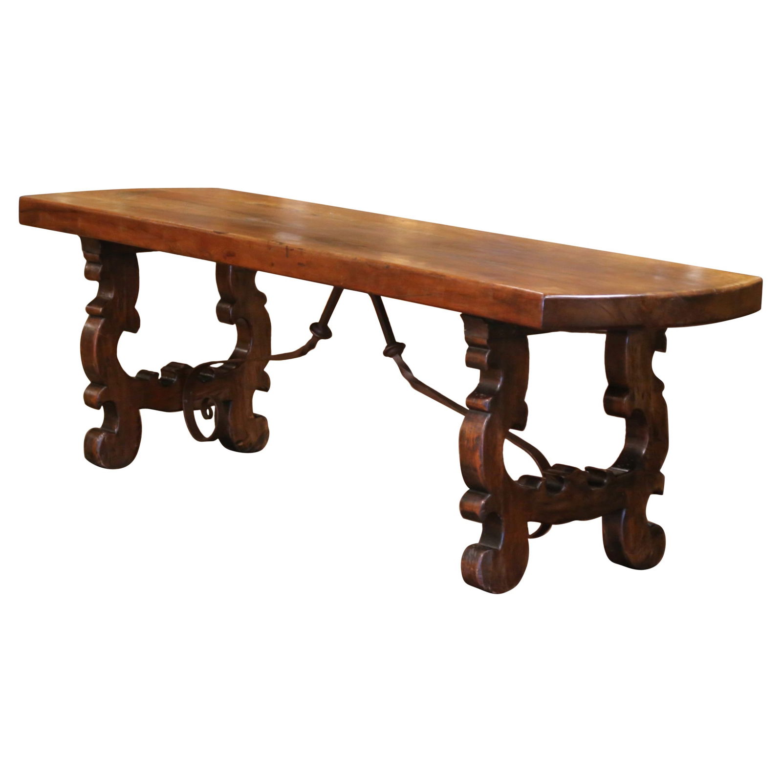 19th Century Baroque Spanish Walnut Console Table with Carved Trestle Base: 19th Century Baroque Spanish Walnut Console Table with Carved Trestle Base Discover the elegance of this 19th Century Spanish walnut console or writing table, masterfully crafted around 1880. This imp