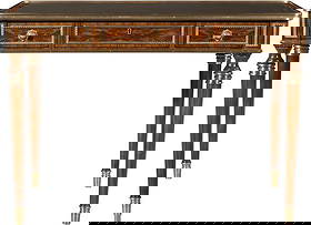 Theodore Alexander Flame Veneered Mahogany Bureau 30H 42.75W 26.25D: Theodore Alexander Flame Veneered Mahogany Bureau 30H 42.75W 26.25D Introducing the Theodore Alexander Flame Veneered Bureau, a stunning addition to any office or study. This desk combines classic des