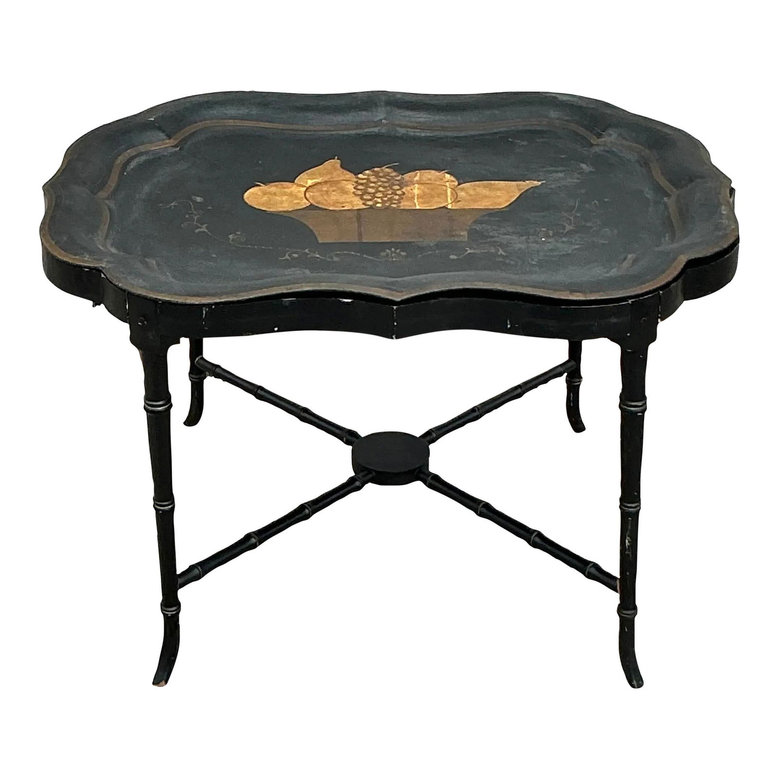 Vintage Regency Tole Fruit Tray Table with Hand-Painted Motif: Vintage Regency Tole Fruit Tray Table with Hand-Painted Motif Enhance your home with this Vintage Regency Tole Fruit Tray Table, showcasing a stunning hand-painted fruit motif on a removable tole tray