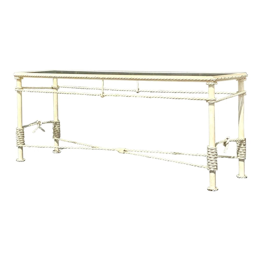 Vintage Boho Wrought Iron Console Table with Glass Top 74 inches: Vintage Boho Wrought Iron Console Table with Glass Top 74 inches Enhance your home with this stunning vintage Boho twisted wrought iron console table, a perfect blend of timeless craftsmanship and coa