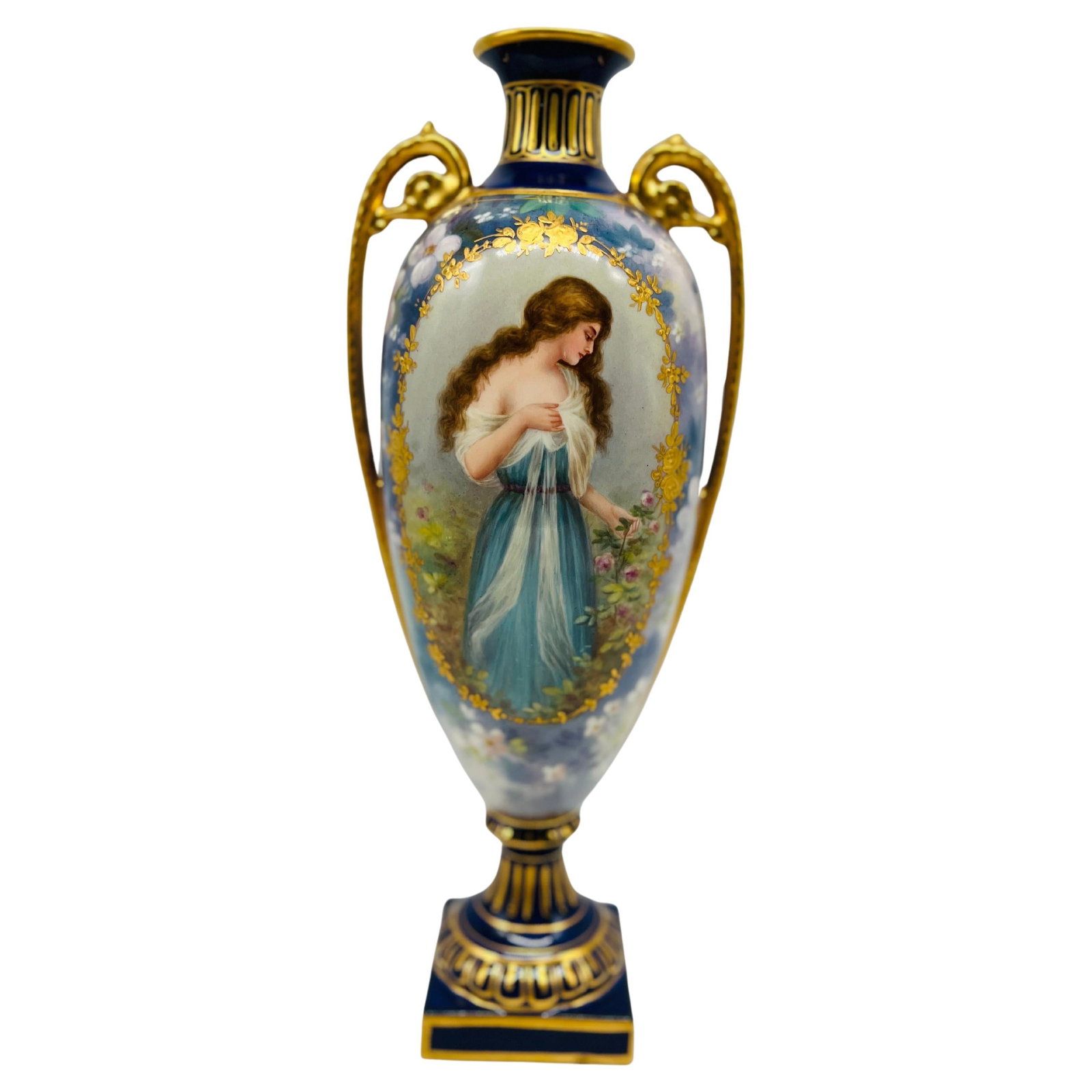 Royal Bonn Art Nouveau Pedestal Vase Signed J. Duren Cobalt & Gold: Royal Bonn Art Nouveau Pedestal Vase Signed J. Duren Cobalt & Gold This exquisite Royal Bonn pedestal vase showcases the elegance of Art Nouveau design, featuring a beautifully painted lady adorned in