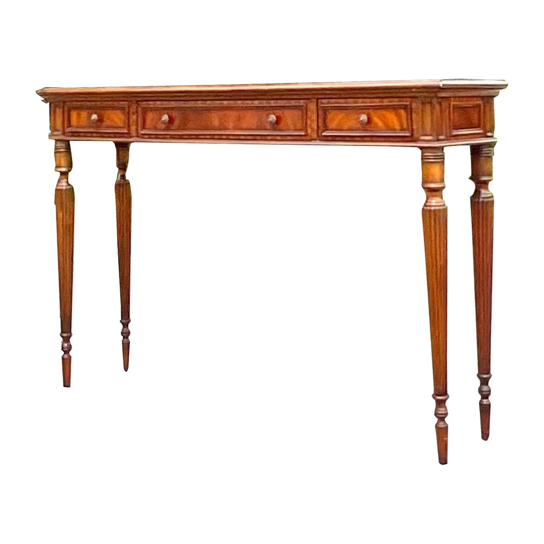 Vintage Regency Maitland Smith Embossed Leather Console Table: Vintage Regency Maitland Smith Embossed Leather Console Table Enhance your entryway with this Vintage Regency Maitland Smith Leather Embossed Console Table, showcasing a blend of American elegance and