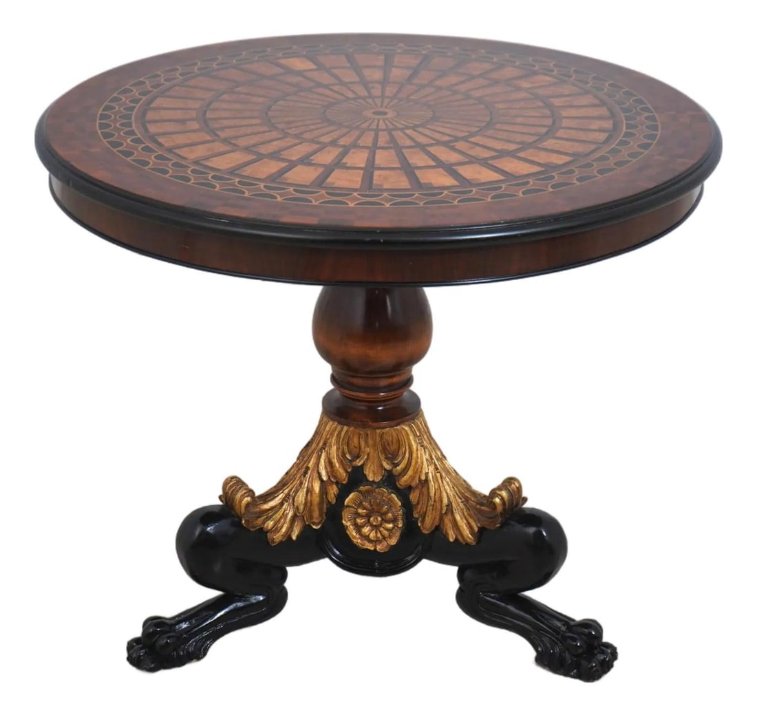 Italian Regency Round Black Gold Inlaid Table with Ball Claw Feet: Italian Regency Round Black Gold Inlaid Table with Ball Claw Feet This exquisite Italian Regency round center table showcases a stunning black and gold inlaid design with a magnificent inlaid top. Cra