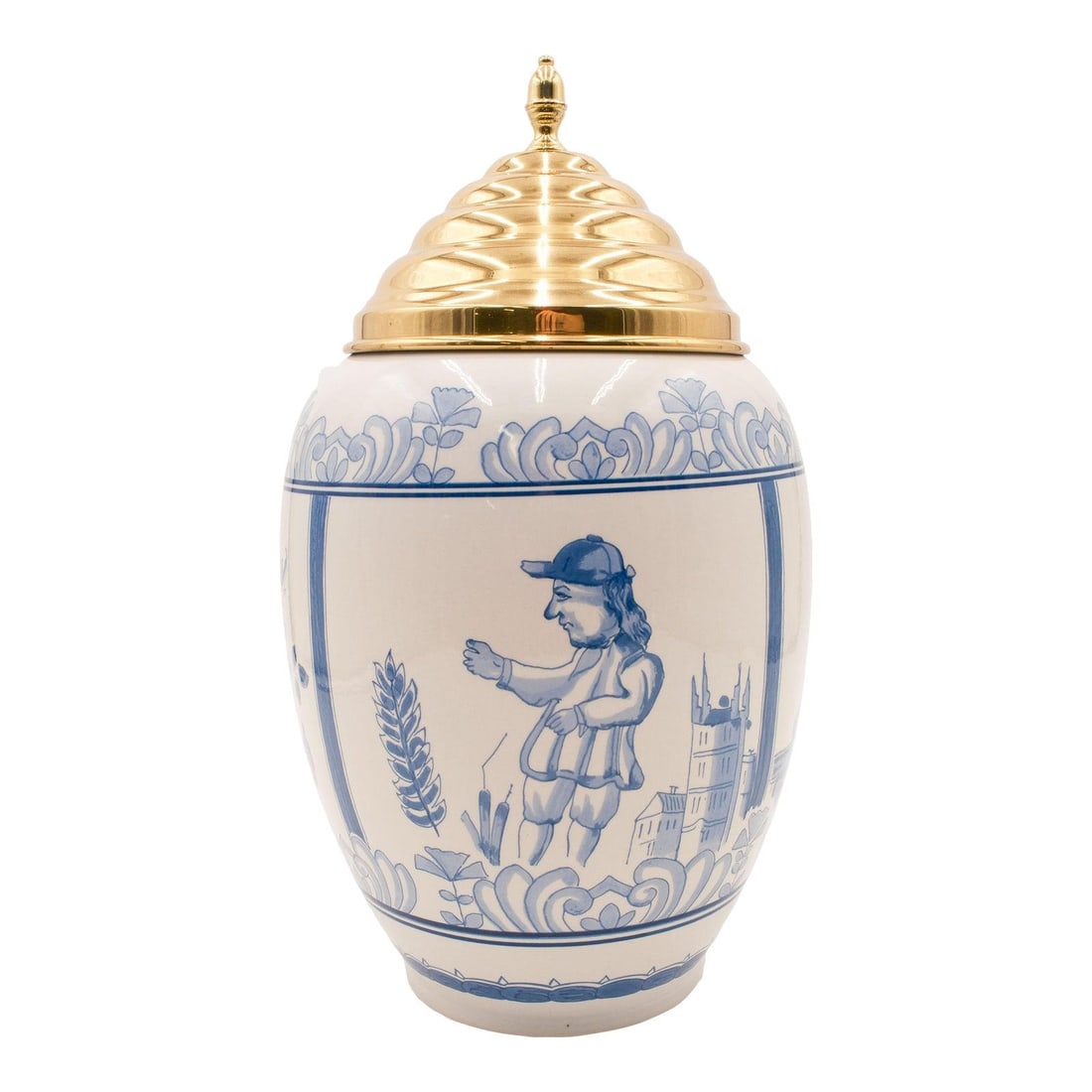Royal Delft C-49 Blue White Tobacco Jar with Brass Lid: Royal Delft C-49 Blue White Tobacco Jar with Brass Lid This Royal Delft large blue and white tobacco jar features exquisite craftsmanship with three beautifully detailed scenes depicting figures and l