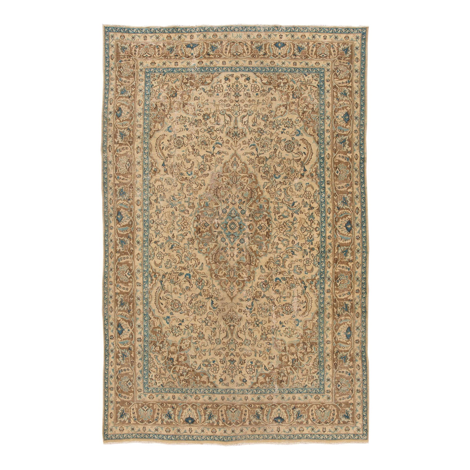 Vintage Tabriz Handmade Wool Rug 7'9 x 12'5 Tan Medallion: Vintage Tabriz Handmade Wool Rug 7'9 x 12'5 Tan Medallion This exquisite vintage Tabriz rug showcases a hand-knotted wool construction with a warm tan field. It features a captivating all-over geometr