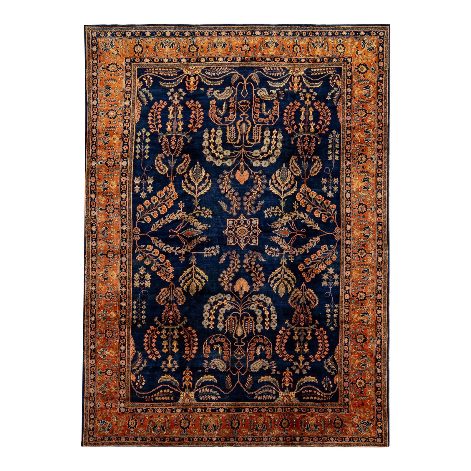 Antique Sarouk Farahan Handmade Navy Blue Wool Rug 8'7 x 11'7: Antique Sarouk Farahan Handmade Navy Blue Wool Rug 8'7 x 11'7 Discover the timeless elegance of this antique Sarouk Farahan handmade wool rug, featuring a stunning navy-blue field accented with rust a