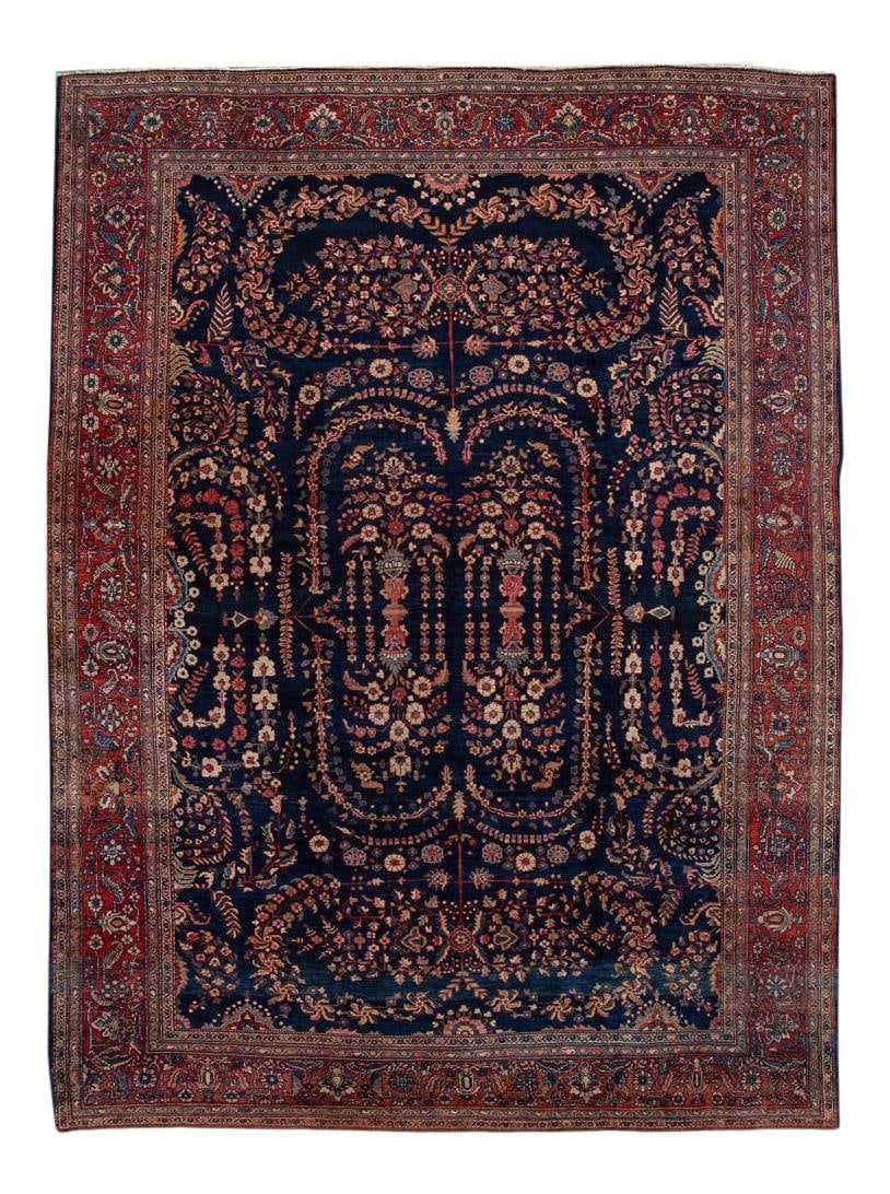 Antique Sarouk Farahan Handmade Wool Rug Blue 9'2" x 12': Antique Sarouk Farahan Handmade Wool Rug Blue 9'2" x 12' Discover the elegance of this antique Persian Sarouk Farahan hand-knotted wool rug, featuring a striking navy blue field adorned with a frame o