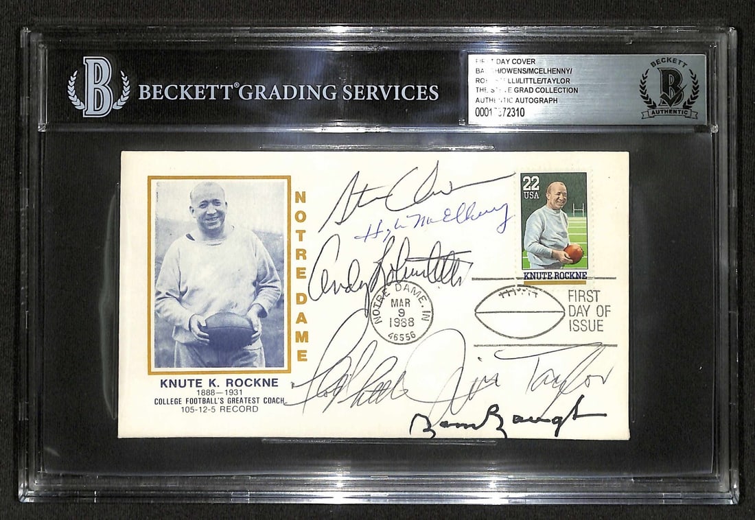 College Football FDC Signed by 6 NFL HOF Legends Beckett Authenticated: College Football FDC Signed by 6 NFL HOF Legends Beckett Authenticated This autographed college football First Day Cover (FDC) commemorates 100 Years of Intercollegiate Football and features the signa