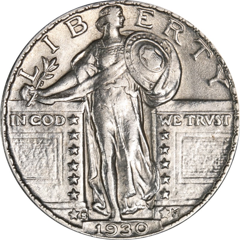 1930-S Standing Liberty Quarter Silver Coin Circulated: 1930-S Standing Liberty Quarter Silver Coin Circulated This 1930-S Standing Liberty Quarter is a classic piece of American numismatics, showcasing the iconic design that represents liberty and freedom