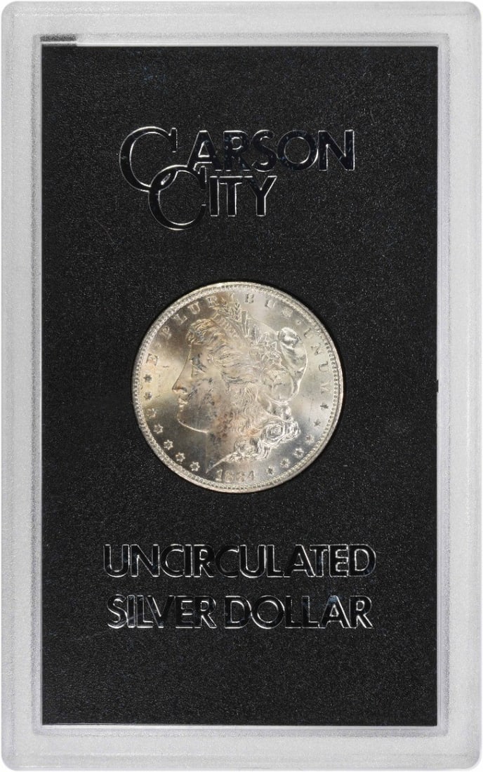 1884-CC Morgan Silver Dollar Uncirculated GSA Holder #220: 1884-CC Morgan Silver Dollar Uncirculated GSA Holder #220 This stunning 1884-CC Morgan Silver Dollar is presented in a Brilliant Uncirculated condition, encapsulated in a GSA Hard Pack. Struck in 1884