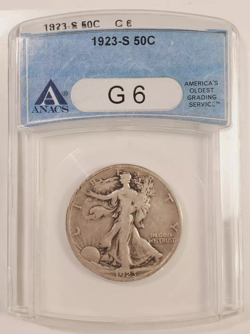 1923 S Walking Liberty Half Dollar Silver ANACS G-6 Certified: 1923 S Walking Liberty Half Dollar Silver ANACS G-6 Certified This 1923 S Walking Liberty Half Dollar is a beautifully preserved piece of American numismatic history. Certified by ANACS with a grade o