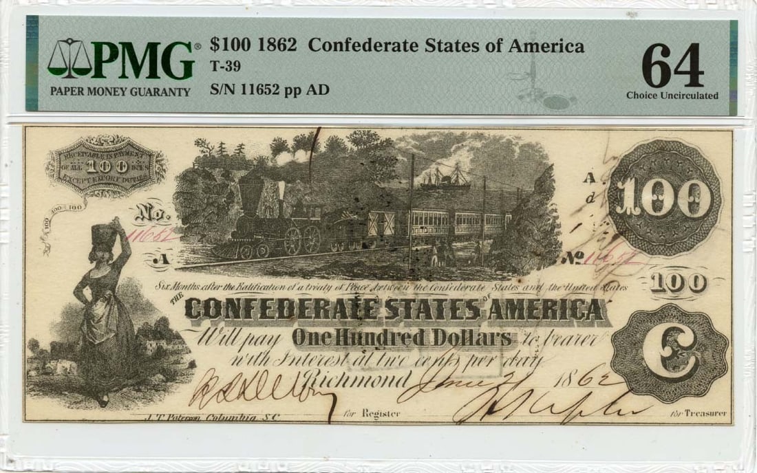 1862 $100 Confederate States PMG CH64 Uncirculated Currency Note: 1862 $100 Confederate States PMG CH64 Uncirculated Currency Note This uncirculated 1862 $100 note from the Confederate States of America is graded MS64 by PMG, ensuring its excellent condition. It fea