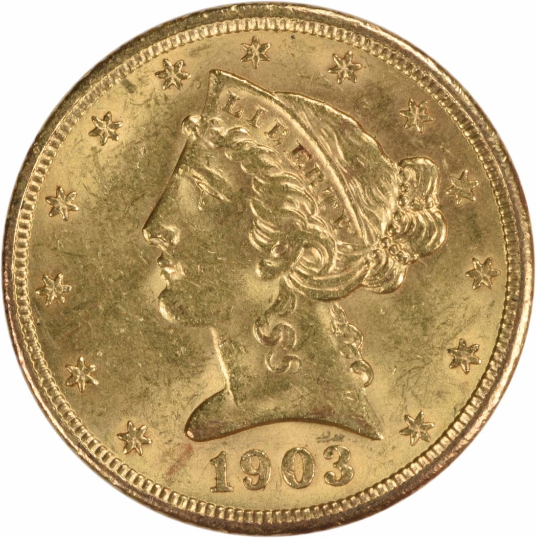 1903 $5 Gold Liberty Head Coin BU Uncertified Pre-1933: 1903 $5 Gold Liberty Head Coin BU Uncertified Pre-1933 This 1903 $5 Gold Liberty Head coin features a beautiful Brilliant Uncirculated (BU) grade, showcasing the iconic Liberty design that has captiva